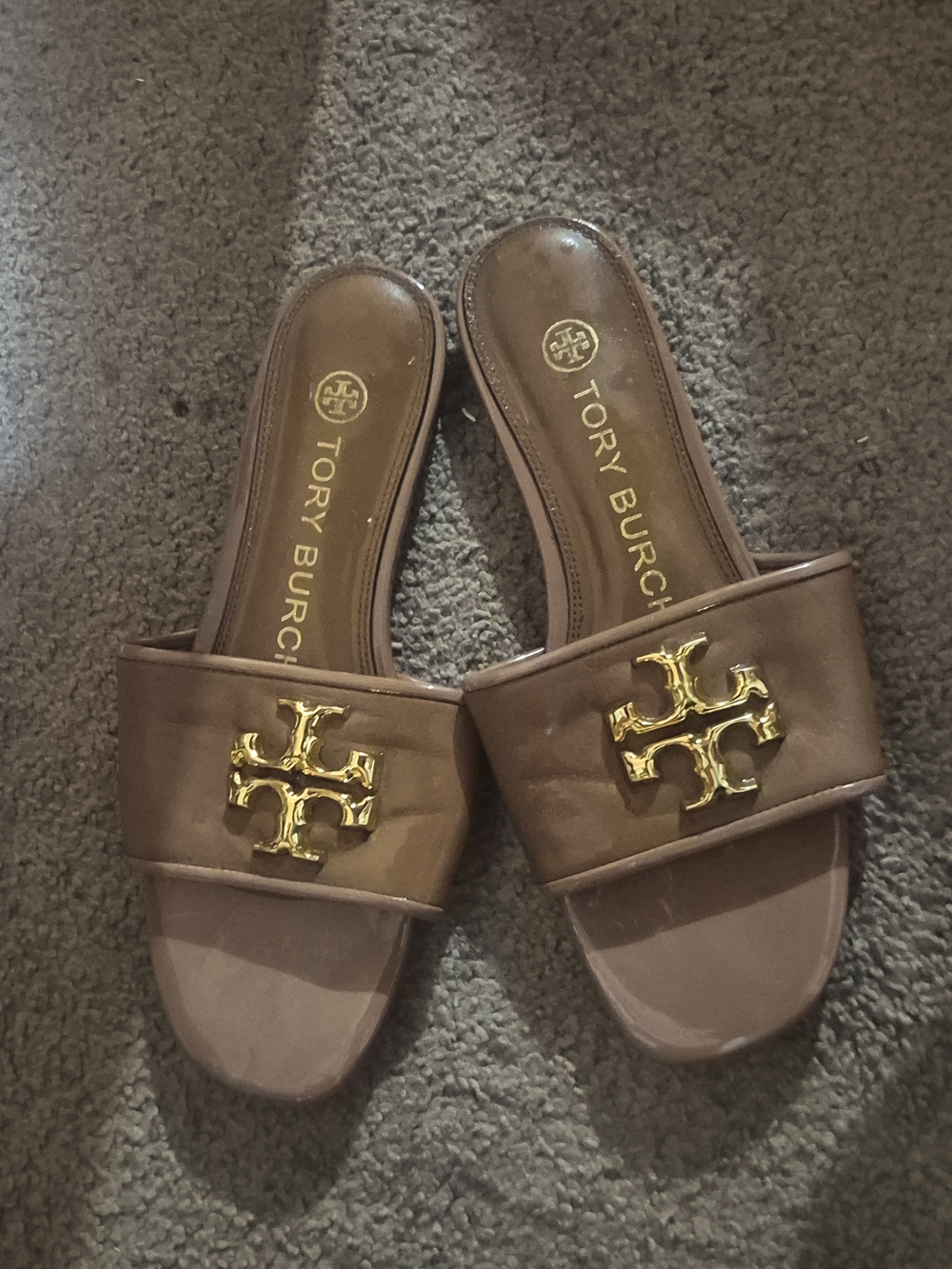 Tory Burch Brown Leather Slide Mules with Gold Logo Accent